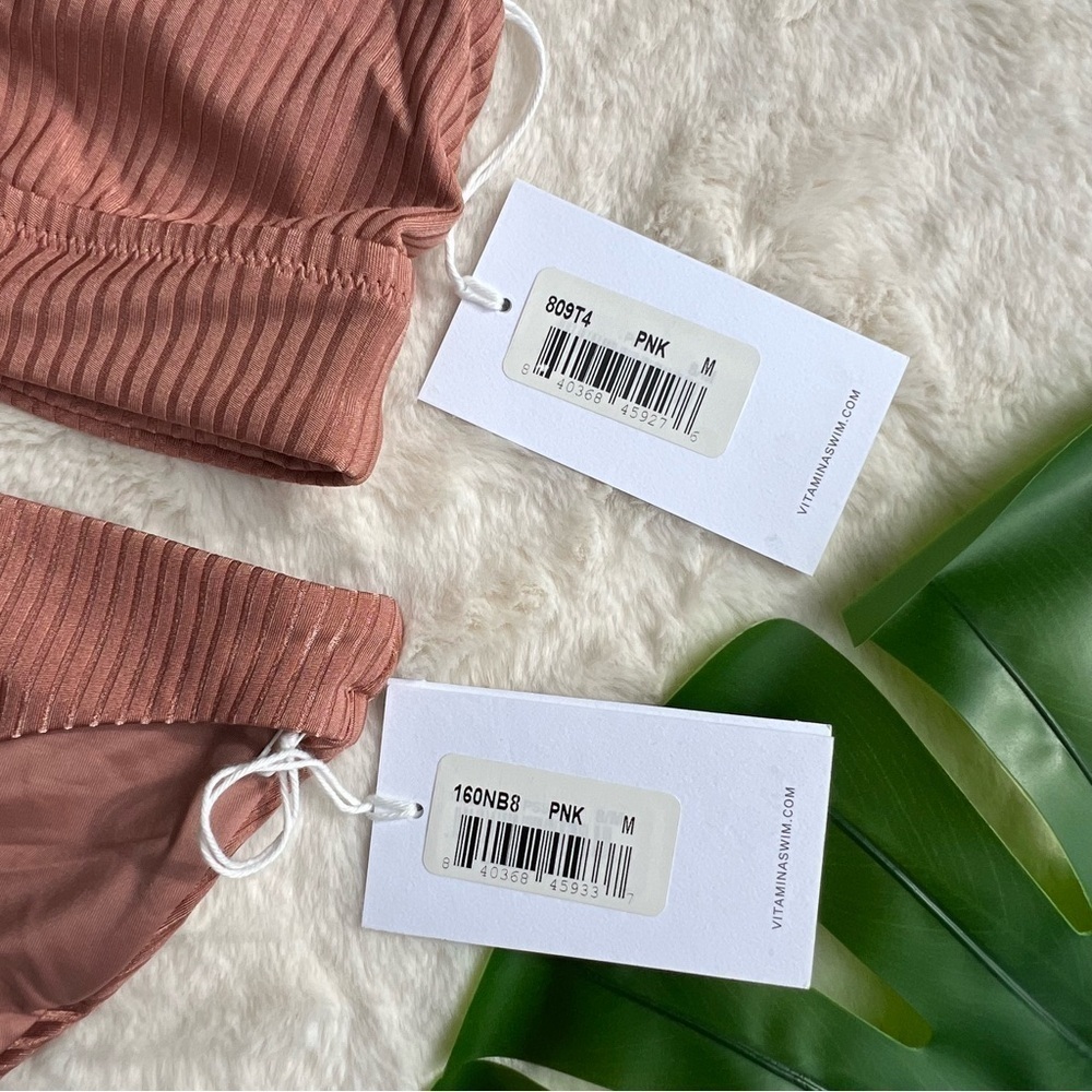 Vitamin A Ribbed Pink Sands Shimmer Bikini NWT M Sienna Scoop Top Midori Bottom - Picture 7 of 8